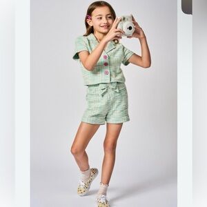 Girls Mint Tweed Short Jacket & Shorts Set - Stylish Summer Coat